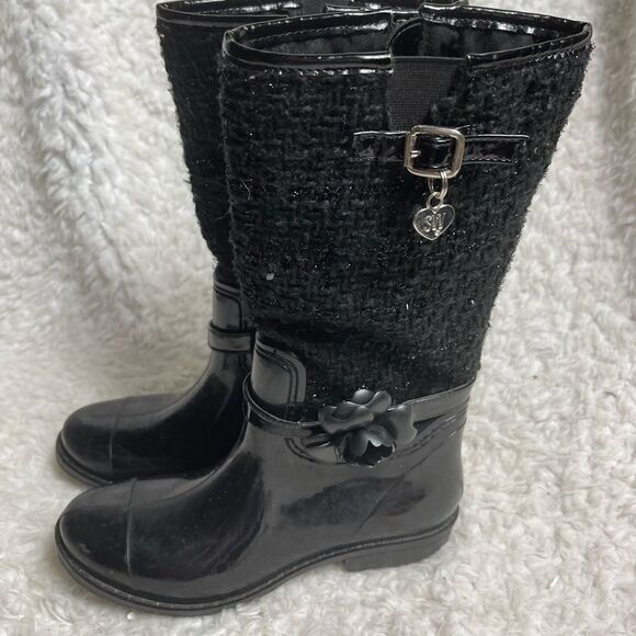Stuart Weitzman girl Waltz Black mid calf  rain boots glitter accent size 3 - Picture 1 of 12